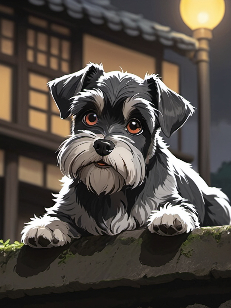 Prompt: 2d studio ghibli anime style, anime scene, black and white mini schnauzer, anime scene