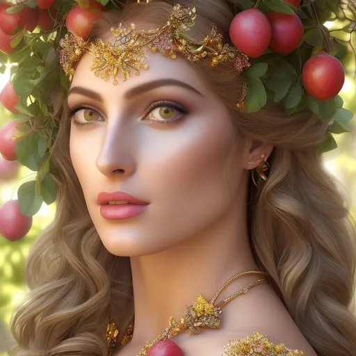 Prompt: HD 4k 3D, hyper realistic, professional modeling, ethereal  Greek goddess of fruit trees, black hair, pale freckled skin, gorgeous face, gorgeous fruit tree dress, tree jewelry and fruit diadem, full body, ambient glow, fruit tree nymph next to river, landscape, detailed, elegant, ethereal, mythical, Greek, goddess, surreal lighting, majestic, goddesslike aura
