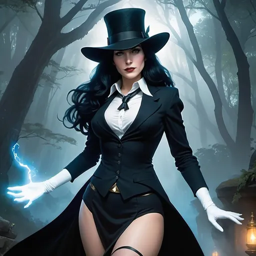 Prompt: 2d studio ghibli anime style, anime scene, 4k 3D 8k professional modeling photo hyper realistic beautiful woman enchanted, Zatanna, Zatanna assumes the mantle of a mystic superhero, wholeheartedly dedicating herself to the quest of thwarting malevolent forces. Zatanna's extensive understanding of magic and her proficiency in wielding its powers have established her as a highly sought-after consultant in matters pertaining to the arcane arts. Zatanna's heritage grants her inherent magical abilities and a profound command over mystical and cosmic forces believed to originate from the ancient depths of the universe. , full body surrounded by ambient glow, magical, highly detailed, intricate, outdoor  landscape, high fantasy background, elegant, mythical, surreal lighting, majestic, goddesslike aura, Annie Leibovitz style  
