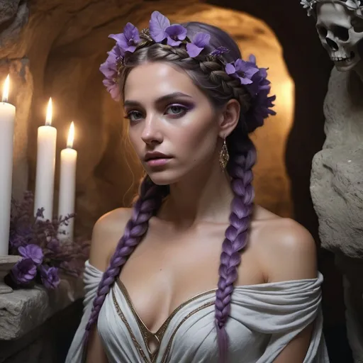 Prompt: HD 4k 3D, 8k, hyper realistic, professional modeling, ethereal Greek Goddess Theban Princess, purple dutch braided hair, mixed skin, gorgeous face, ghostly distressed gown, brown gemstone jewelry and dead flower crown, ghostly glow, in a dark stone tomb, catacomb, surrounded by ambient divine glow, detailed, elegant, ethereal, mythical, Greek, goddess, surreal lighting, majestic, goddesslike aura