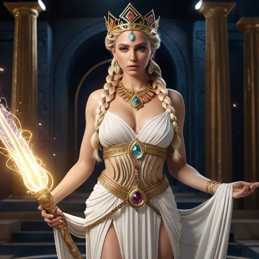 Prompt: HD 4k 3D, hyper realistic, professional modeling, ethereal Greek Goddess and Princess, blonde bubble braids, medium skin, gorgeous face, Cretan Princess gown, almandine jewelry and jeweled crown, full body magical, Mistress of the labyrinth, cretan labyrinth, holding ball of yarn and dagger, detailed, elegant, ethereal, mythical, Greek, goddess, surreal lighting, majestic, goddesslike aura