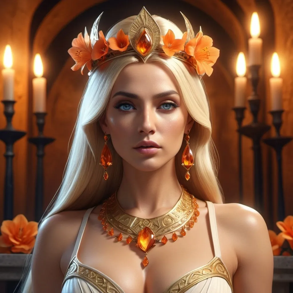 Prompt: HD 4k 3D, 8k, hyper realistic, professional modeling, ethereal Greek Goddess Evil Sorceress, blonde half up hair, beige skin, gorgeous glowing face, sorcerer gown, orange gemstone jewelry and crown, magic, poison, snapdragon flowers, surrounded by ambient divinity glow, detailed, elegant, mythical, surreal dramatic lighting, majestic, goddesslike aura