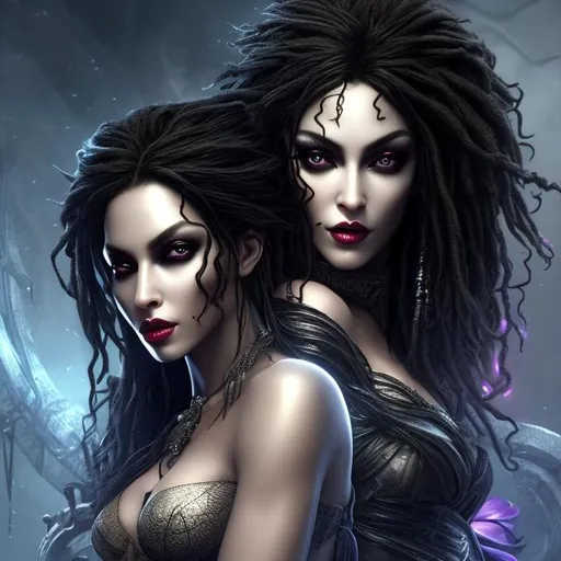 Prompt: HD 4k 3D 8k professional modeling photo hyper realistic beautiful twin evil demon women ethereal greek goddesses of insanity
black dreadlock hair dark eyes gorgeous face fair skin silk goth dress tattoos full body surrounded by evil glow hd landscape background two women in underworld surrounded by ghosts and spirits