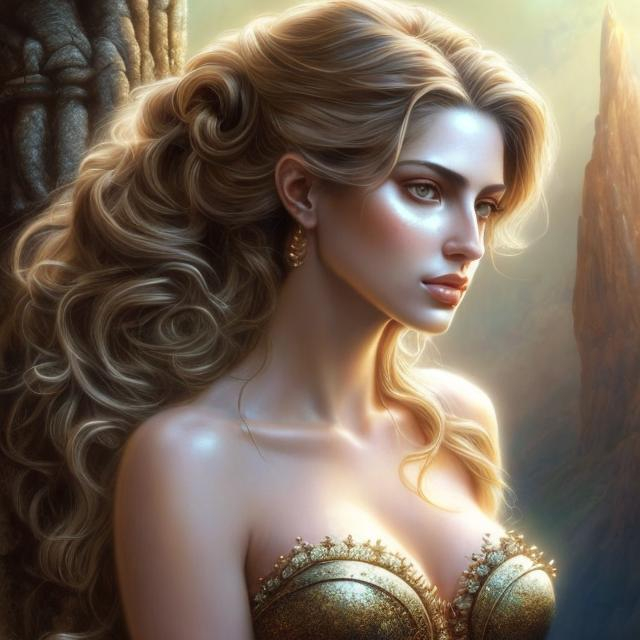 Prompt: HD 4k 3D, hyper realistic, professional modeling, ethereal Greek goddess of inevitable fate, brown ombre hair, olive freckled skin, gorgeous face, gorgeous mountain inspired dress,  rustic jewelry and crown, full body, ambient glow, cave nymph, landscape, detailed, elegant, ethereal, mythical, Greek, goddess, surreal lighting, majestic, goddesslike aura