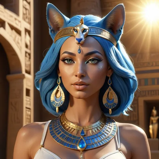 Prompt: HD 4k 3D, 8k, hyper realistic, professional modeling, ethereal Egyptian Sun Goddess Bastet, beautiful, glowing tan skin, blue hair, mythical clothing and jewelry, headband, catlike full body, cat companions, sunshine in background, surrounded by ambient divine glow, detailed, elegant, surreal dramatic lighting, majestic, goddesslike aura