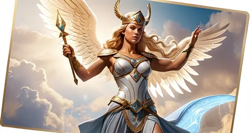 Prompt: tarot card illustration, Eir Norse Goddess Valkyrie of healing and mercy, hyperrealistic, HD 4k 3D 8k professional modeling photo, beautiful tan maiden, enchanted, battle magic, surrounded by ambient glow, magical, highly detailed, intricate, mythical background, elegant, surreal lighting, majestic, goddesslike aura