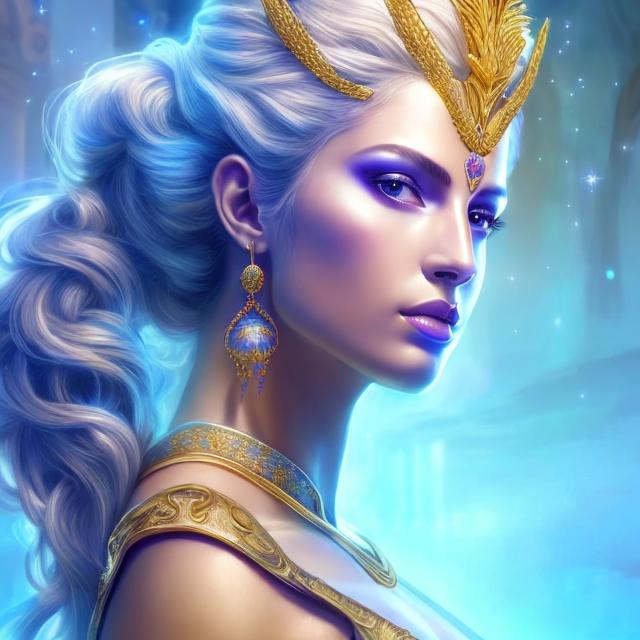 Prompt: HD 4k 3D, hyper realistic, professional modeling, ethereal Greek warrior goddess of morning gymnastics, blue and purple pulled back hair, pale skin, light blue armor, gorgeous face, sparkling jewelry and crown, full body, ambient glow of morning, alluring sun goddess at morning, gymnastics, detailed, elegant, ethereal, mythical, Greek, goddess, surreal lighting, majestic, goddesslike aura