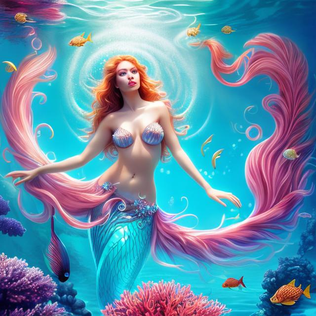 Prompt: HD 4k 3D 8k professional modeling photo hyper realistic beautiful woman ethereal greek goddess Asian sea nymph Oceanid
red hair pale skin gorgeous face ocean jewelry sea headband colored mermaid tail full body surrounded by ambient glow hd landscape under the pacific ocean mermaid 

