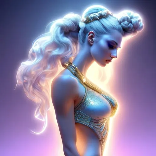 Prompt: HD 4k 3D, hyper realistic, professional modeling, ethereal Greek warrior goddess of morning gymnastics, blue and purple pulled back hair, pale skin, light blue armor, gorgeous face, sparkling jewelry and crown, full body, ambient glow of morning, alluring sun goddess at morning, gymnastics, detailed, elegant, ethereal, mythical, Greek, goddess, surreal lighting, majestic, goddesslike aura