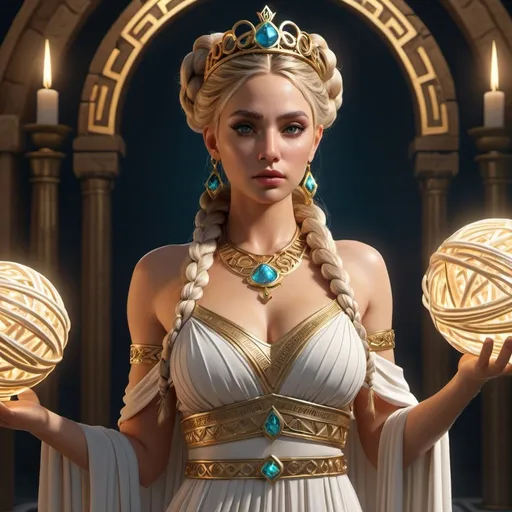 Prompt: HD 4k 3D, hyper realistic, professional modeling, ethereal Greek Goddess and Princess, blonde bubble braids, medium skin, gorgeous face, Cretan Princess gown, almandine jewelry and jeweled crown, full body magical glow, Mistress of the labyrinth, cretan labyrinth, holding ball of yarn and dagger, detailed, elegant, ethereal, mythical, Greek, goddess, surreal lighting, majestic, goddesslike aura