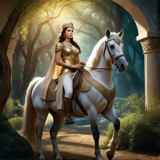 Prompt: HD 4k 3D 8k professional modeling photo hyper realistic beautiful woman enchanted, Narnia Princess Aravis, Aravis is a young Tarkheena, a female member of the ruling nobility of Calormen. With her horse, Hwin, who is eventually revealed to be a talking beast from the land of Narnia, she flees her home, to escape an arranged marriage with Ahoshta Tarkaan. Aravis is a strong character whose confidence, bravery, and loyalty are offset by arrogance and self-centeredness. She is also said to be an amazing storyteller, which is partly the result of her upbringing: the art of telling stories forms part of the education of the nobility. ethereal greek goddess, full body surrounded by ambient glow, magical, highly detailed, intricate, outdoor  landscape, high fantasy background, elegant, mythical, surreal lighting, majestic, goddesslike aura, Annie Leibovitz style 

