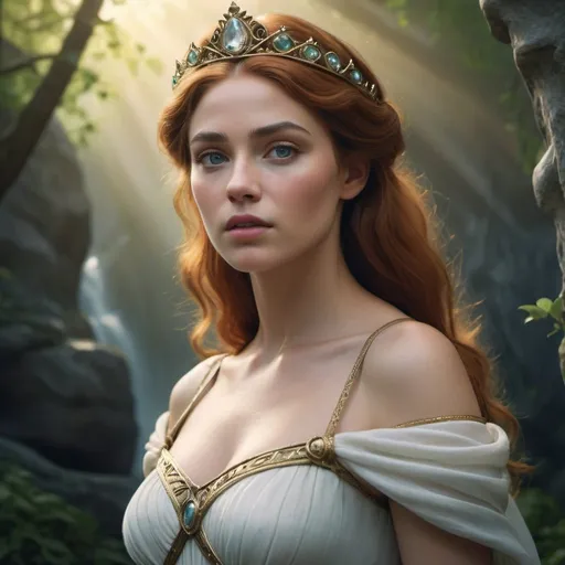 Prompt: HD 4k 3D, hyper realistic, professional modeling, enchanted Classic Princess - Fiona, strong, beautiful, magical, proud, high fantasy background, detailed, highly realistic woman, elegant, ethereal, mythical, Greek goddess, surreal lighting, majestic, goddesslike aura, Annie Leibovitz style 