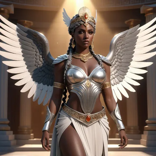 Prompt: HD 4k 3D, hyper realistic, professional modeling, ethereal Greek Goddess and Warrior Princess, silver braided hair, black skin, gorgeous face, messenger and soldier, sunstone jewelry and headpiece, full body, winged sandals, beautiful and swift, surrounded by divine glow, detailed, elegant, ethereal, mythical, Greek, goddess, surreal lighting, majestic, goddesslike aura