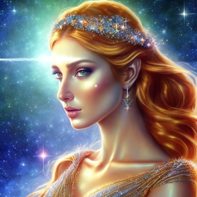 Prompt: HD 4k 3D, hyper realistic, professional modeling, ethereal Greek goddess of the stars, orange hair, tan skin, gorgeous face, gorgeous sparkling gown,  sparkling jewelry and headband of stars, pixie wings, full body, ambient starlight glow, starlight over the sea, sea-birds, dazzling light, landscape, detailed, elegant, ethereal, mythical, Greek, goddess, surreal lighting, majestic, goddesslike aura