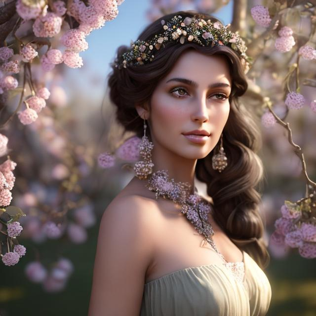 Prompt: HD 4k 3D, hyper realistic, professional modeling, ethereal Greek goddess of apple trees, light brown pigtail hair, olive skin, gorgeous face, gorgeous white dress, rustic jewelry and apple blossom headpiece, full body, ambient glow, apple tree orchard, landscape, detailed, elegant, ethereal, mythical, Greek, goddess, surreal lighting, majestic, goddesslike aura