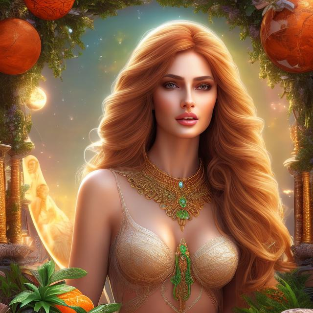 Prompt: HD 4k 3D 8k professional modeling photo hyper realistic beautiful sultry woman ethereal greek goddess of affection and friendship
straight orange hair green eyes gorgeous face pale skin sheer lace grecian dress ornate jewelry diadem curvy full body surrounded by ambient glow hd landscape background she is surrounded by creation and life, plants, animals, people, sun, moon

