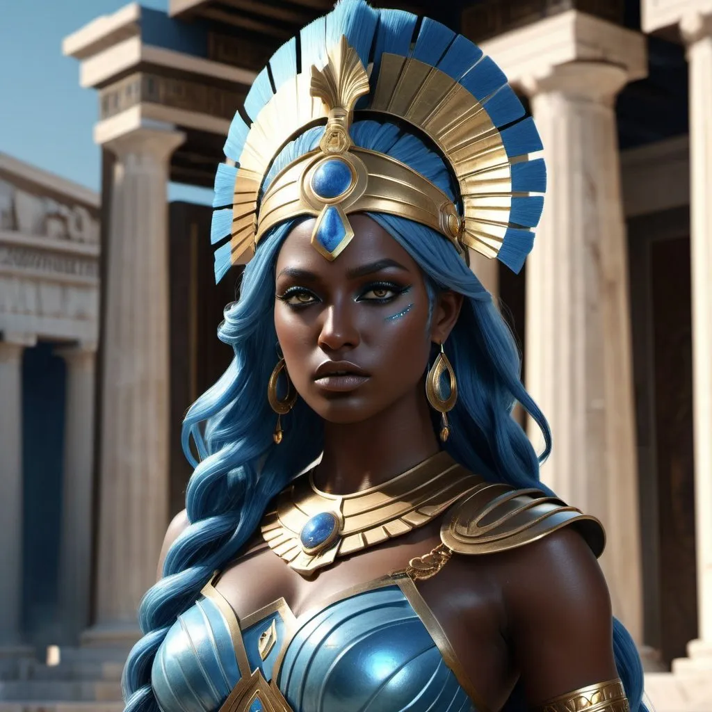 Prompt: HD 4k 3D, hyper realistic, professional modeling, ethereal Greek Goddess of Destructive War, blue hair, dark skin, gorgeous face,  grecian warrior armor, jade jewelry and headpiece, full body, destruction of cities, powerful, supreme war goddess, detailed, elegant, ethereal, mythical, Greek, goddess, surreal lighting, majestic, goddesslike aura