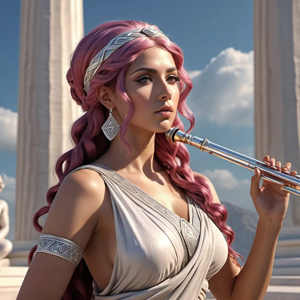 Prompt: HD 4k 3D, hyper realistic, professional modeling, ethereal Greek Muse of Musical Poetry, flowing dark pink hair, tan skin, gorgeous face, grecian flowing tunic, silver jewelry and silver headband, full body, delightful, music, playing flute, on mount olympus, detailed, elegant, ethereal, mythical, Greek, goddess, surreal lighting, majestic, goddesslike aura