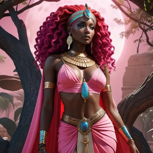 Prompt: HD 4k 3D, 8k, hyper realistic, professional modeling, ethereal Egyptian Underworld Goddess Imentet, beautiful, glowing black skin, pink hair, mythical red dress clothing and jewelry, tiara, goddess of the West, full body, living in a tree in paradise, birds of prey, Fantasy setting, surrounded by ambient divine glow, detailed, elegant, surreal dramatic lighting, majestic, goddesslike aura, octane render