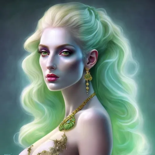 Prompt: HD 4k 3D, hyper realistic, professional modeling, ethereal Greek demon goddess of shape shifting, green hair, pale skin, ghostly gown, gorgeous face, brass jewelry and crown, full body, ambient ghostly glow, half donkey body, spectral, detailed, elegant, ethereal, mythical, Greek, goddess, surreal lighting, majestic, goddesslike aura