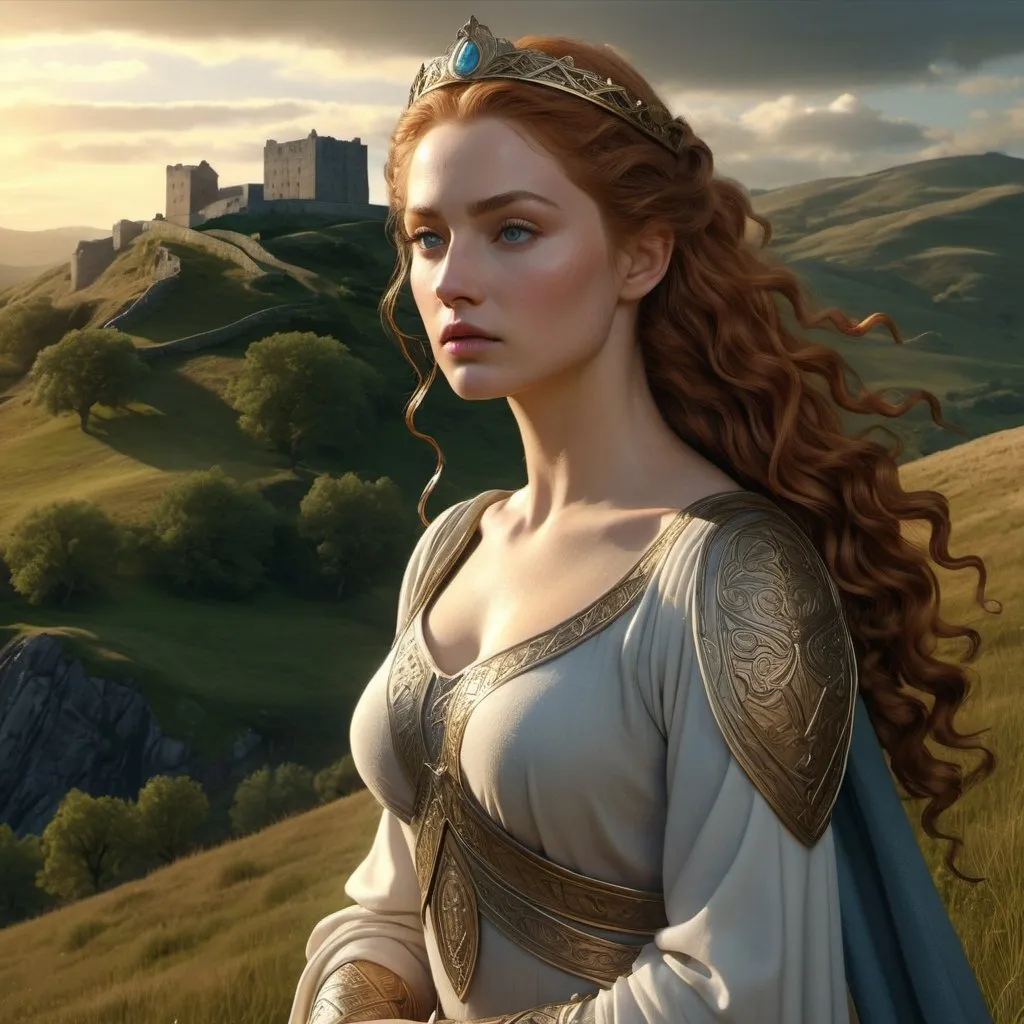 Prompt: HD 4k 3D, hyper realistic, professional modeling, enchanted Medieval Scottish goddess mythology Princess, beautiful, magical, detailed, highly realistic woman, high fantasy Scottish rolling hills landscape, elegant, ethereal, mythical, Greek goddess, surreal lighting, majestic, goddesslike aura, Annie Leibovitz style 