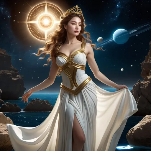 Prompt: HD 4k 3D 8k professional modeling photo hyper realistic beautiful woman enchanted Universe Princess Kakyuu, ethereal greek goddess, full body surrounded by ambient glow, magical, highly detailed, intricate, beautiful Sailor Kakyuu style, solar system, starlight, outdoor landscape, highly realistic woman, high fantasy background, elegant, mythical, surreal lighting, majestic, goddesslike aura, Annie Leibovitz style 

