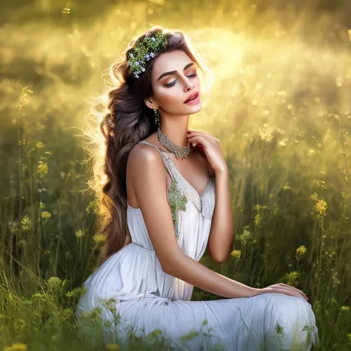 Prompt: HD 4k 3D 8k professional modeling photo hyper realistic beautiful woman ethereal greek goddess of excuses
gray french braid hair green eyes brown skin gorgeous face shimmering dress shiny jewelry headband laying in meadow full body surrounded by ambient glow hd landscape background she is lazing in a summer meadow bathed in sunshine with goats
