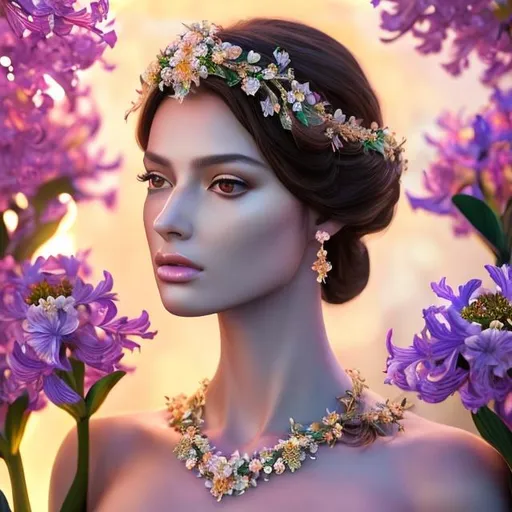 Prompt: HD 4k 3D, hyper realistic, professional modeling, ethereal group of Greek goddesses flowers and blossoms, gorgeous faces, gorgeous grecian  gowns,  jewelry and flowers crowns, nymphs, full body, ambient glow, flower blossoms, hyacinths, landscape, detailed, elegant, ethereal, mythical, Greek, goddess, surreal lighting, majestic, goddesslike aura