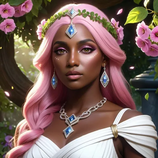 Prompt: HD 4k 3D, 8k, hyper realistic, professional modeling, ethereal Greek Goddess and Laconian Princess, pink hair, black skin, gorgeous glowing face, sorceress gown, diamond and grapevine jewelry and headband, magical seer, Sanctuary of calibrachoa flowers, large walnut tree, surrounded by ambient divinity glow, detailed, elegant, mythical, surreal dramatic lighting, majestic, goddesslike aura