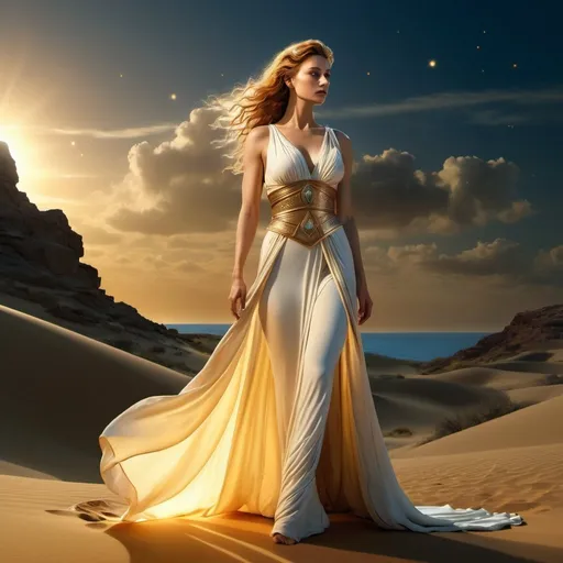 Prompt: HD 4k 3D 8k professional modeling photo hyper realistic beautiful woman enchanted Outer Space Princess of Dune, ethereal greek goddess, full body surrounded by ambient glow, enchanted, magical, highly detailed, intricate, regal, wise, enchanted outdoor fantasy landscape, highly realistic woman, high fantasy background, happily ever after, elegant, mythical, surreal lighting, majestic, goddesslike aura, Annie Leibovitz style 

