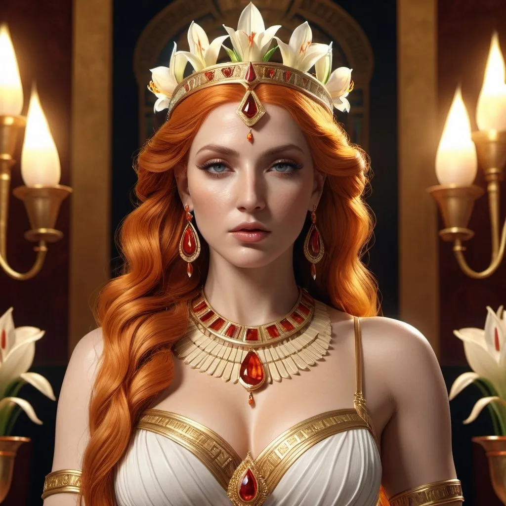 Prompt: HD 4k 3D, 8k, hyper realistic, professional modeling, ethereal Greek Goddess Queen of Thebes, orange hair, ivory skin, gorgeous glowing face, priestess dress, red gemstone jewelry and diadem,= oracle, palace, amaryllis flowers, surrounded by ambient divinity glow, detailed, elegant, mythical, surreal dramatic lighting, majestic, goddesslike aura