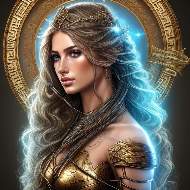 Prompt: HD 4k 3D, hyper realistic, professional modeling, ethereal Greek goddess of aim, blue ombre hair, fair freckled skin, gorgeous face, gorgeous bronze archer armor,  rustic jewelry and tiara, full body, ambient glow, archery maiden, nymph, landscape, detailed, elegant, ethereal, mythical, Greek, goddess, surreal lighting, majestic, goddesslike aura