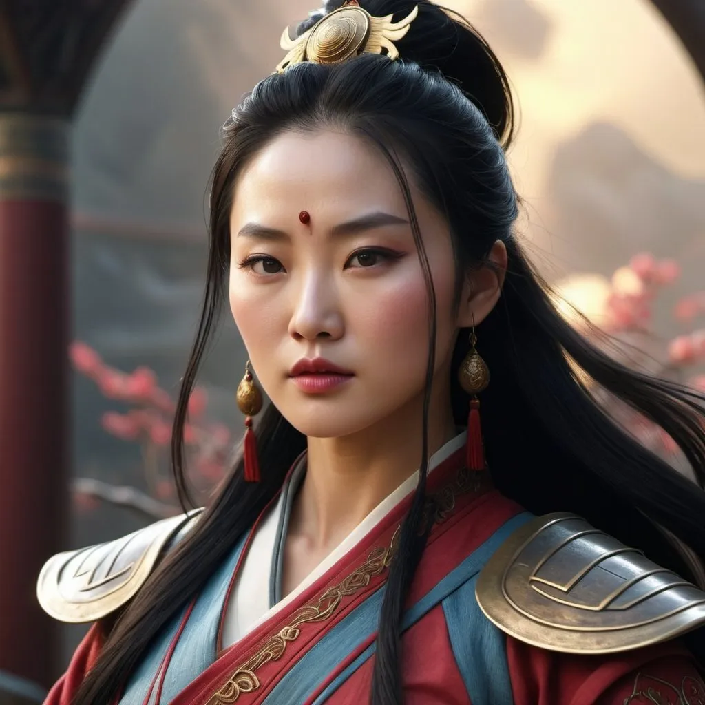 Prompt: HD 4k 3D, hyper realistic, professional modeling, enchanted ancient Chinese dynasty warrior Princess - Hua Mulan, beautiful, magical, detailed, highly realistic woman, high fantasy background, Chinese nomad, elegant, ethereal, mythical, Greek goddess, surreal lighting, majestic, goddesslike aura, Annie Leibovitz style 