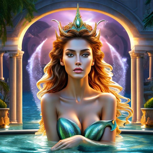 Prompt: HD 4k 3D 8k professional modeling photo hyper realistic beautiful woman ethereal greek goddess sea nymph
chestnut brown hair olive skin gorgeous face dolphin jewelry dolphin crown mermaid tail full body surrounded by ambient glow hd landscape a beautiful peaceful ornate fountain

