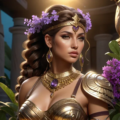 Prompt: HD 4k 3D, 8k, hyper realistic, professional modeling, ethereal Greek Goddess and Amazonian Warrior, brown double ponytail hair, medium skin, gorgeous glowing face, Amazonian Warrior armor, amethyst jewelry and tiara, Amazon warrior, tattoos, full body, Mediterranean island, adorned with verbena flowers, challenging and confrontational, surrounded by ambient divine glow, detailed, elegant, mythical, surreal dramatic lighting, majestic, goddesslike aura