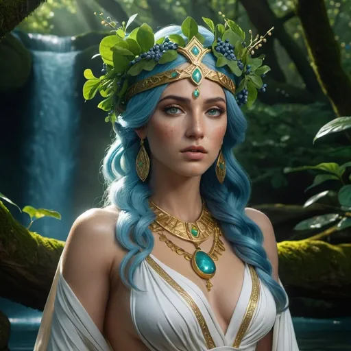 Prompt: HD 4k 3D, 8k, hyper realistic, professional modeling, ethereal Greek Goddess and Ruler, blue hair, tan freckled skin, gorgeous glowing face, beautiful robes, green jewelry and headpiece, fleeing through dark forest, wild river, hypericum berries, surrounded by ambient divinity glow, detailed, elegant, mythical, surreal dramatic lighting, majestic, goddesslike aura