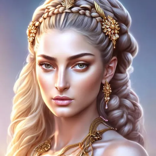 Prompt: HD 4k 3D, hyper realistic, professional modeling, ethereal Greek goddess of mountains and hunting, pink cornrow braids hair, olive skin, gorgeous face, gorgeous grecian warrior armor and weapons,  jewelry and headband, full body, ambient glow, mountain and animals nymph, landscape, detailed, elegant, ethereal, mythical, Greek, goddess, surreal lighting, majestic, goddesslike aura