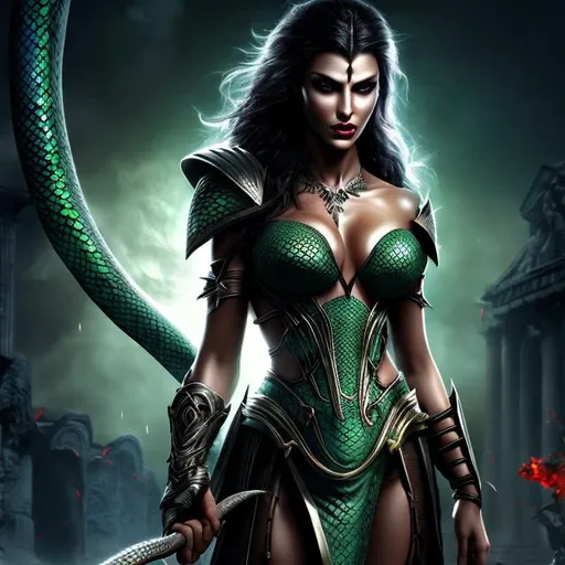 Prompt: HD 4k 3D 8k professional modeling photo hyper realistic beautiful woman ethereal greek fury of anger and madness
dark green snakes for hair dark eyes mixed skin gorgeous face fierce greek warrior blood splatter dress gothic jewelry large bat wings surrounded by ambient glow hd landscape background trojan war

