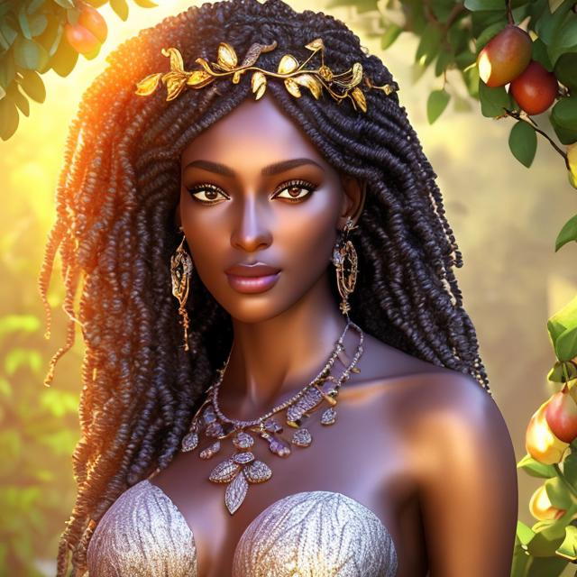 Prompt: HD 4k 3D, hyper realistic, professional modeling, ethereal  Greek goddess of fruit trees, silver dreadlock hair, black skin, gorgeous face, gorgeous fruit tree dress, tree jewelry and fruit tiara, full body, ambient glow, fruit tree nymph, landscape, detailed, elegant, ethereal, mythical, Greek, goddess, surreal lighting, majestic, goddesslike aura