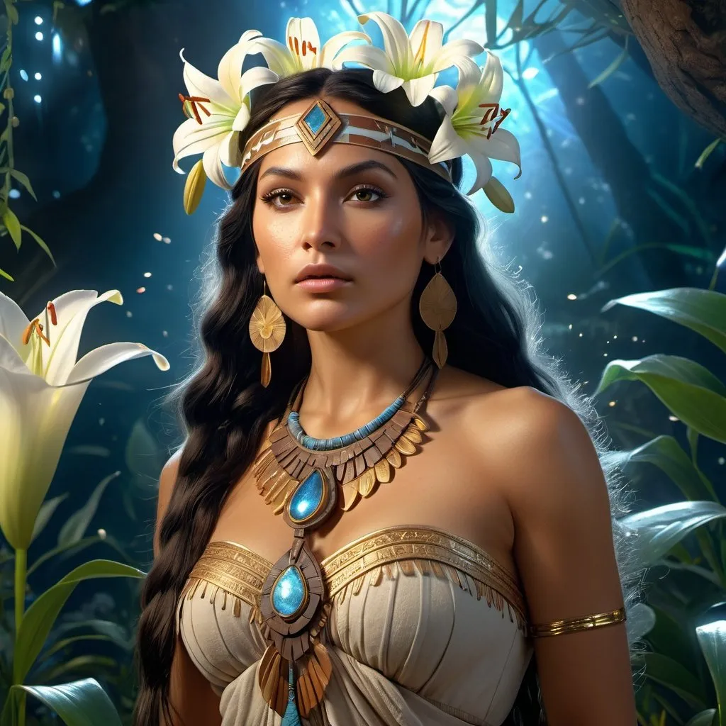 Prompt: HD 4k 3D 8k professional modeling photo hyper realistic beautiful woman Native American Princess of Neverland ethereal greek goddess gorgeous face full body surrounded by ambient glow, enchanted, magical, detailed, highly realistic woman, high fantasy background, Neverland, lilies, elegant, mythical, surreal lighting, majestic, goddesslike aura, Annie Leibovitz style 


