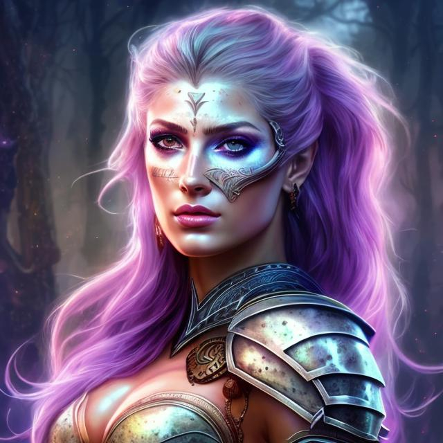 Prompt: HD 4k 3D, hyper realistic, professional modeling, ethereal invincible Greek warrior goddess, purple ombre hair, pale freckled skin, gorgeous face, gorgeous nature armor, rustic jewelry and headpiece and weapons, full body, ambient glow, invincible nature warrior goddess, landscape, detailed, elegant, ethereal, mythical, Greek, goddess, surreal lighting, majestic, goddesslike aura