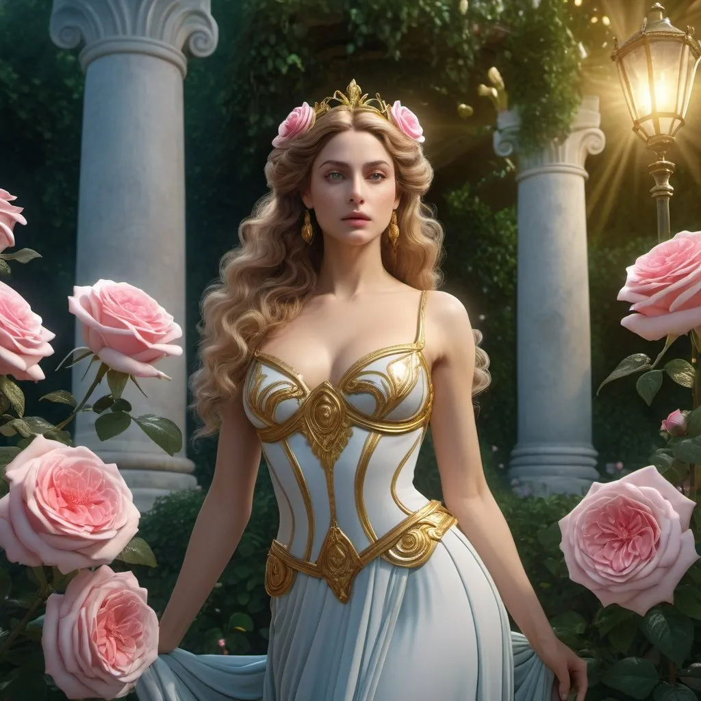 Prompt: HD 4k 3D, hyper realistic, professional modeling, enchanted French goddess mythology Princess, beautiful, magical, detailed, highly realistic woman, high fantasy French rose garden landscape, elegant, ethereal, mythical, Greek goddess, surreal lighting, majestic, goddesslike aura, Annie Leibovitz style 