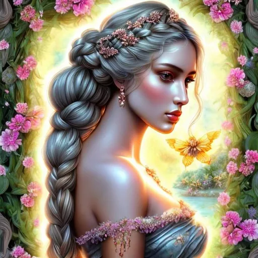 Prompt: HD 4k 3D, hyper realistic, professional modeling, ethereal Greek goddess of blooming flowers, brown and gray hair braided pigtails, dark skin, floral gown, gorgeous face, floral jewelry and floral headband, full body, ambient glow, garden in Spring, beautiful bright blooming flowers, swamps and vegetation, detailed, elegant, ethereal, mythical, Greek, goddess, surreal lighting, majestic, goddesslike aura