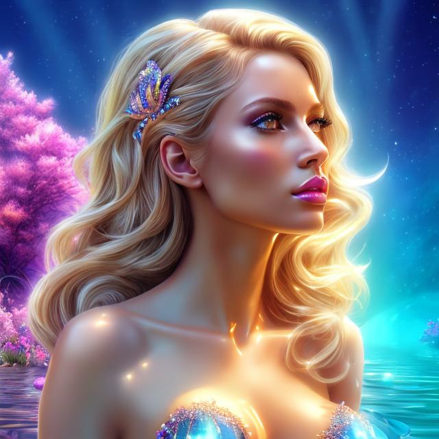 Prompt: HD 4k 3D 8k professional modeling photo hyper realistic beautiful woman ethereal greek goddess european river nymph Oceanid
blonde hair fair skin gorgeous face  jewelry tiara colored mermaid tail full body surrounded by ambient glow hd landscape river mermaid yellow and purple flowers vegetation

