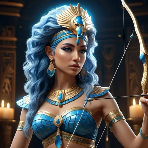 Prompt: HD 4k 3D, 8k, hyper realistic, professional modeling, ethereal Egyptian Goddess style, beautiful with bow and arrow, glowing fair skin, blue hair, mythical crocodile skin outfit and jewelry, tiara, full body, heavenly ruler of the cosmos, Fantasy setting, surrounded by ambient divine glow, detailed, elegant, surreal dramatic lighting, majestic, goddesslike aura, octane render, artistic and whimsical