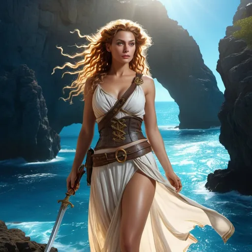 Prompt: HD 4k 3D 8k professional modeling photo hyper realistic beautiful woman Adventurer/Pirate Princess of Lilliput, ethereal greek goddess, full body surrounded by ambient glow, enchanted, magical, highly detailed, intricate, highly realistic woman, high fantasy background, island, elegant, mythical, surreal lighting, majestic, goddesslike aura, Annie Leibovitz style 

