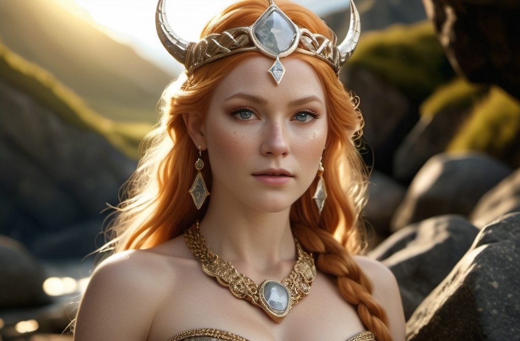 Prompt: Gersemi Norse Goddess of Treasure,  hyper realistic, HD 4k 3D, professional modeling, ethereal, light orange hair, beige freckled skin, gorgeous face, gorgeous jewelry and diadem, full body, surrounded by treasure and precious gems, ambient glow, landscape, detailed, elegant, ethereal, mythical, goddess, surreal lighting, majestic, goddesslike aura, Norse Mythology