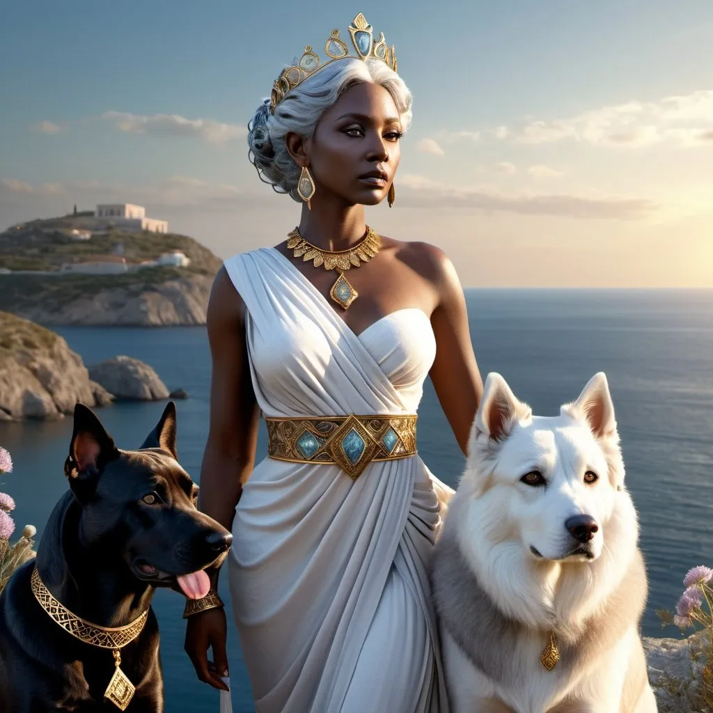 Prompt: HD 4k 3D, 8k, hyper realistic, professional modeling, ethereal Greek Goddess Trojan Queen, gray hair, dark skin, gorgeous glowing face, regal gown, copper gemstone jewelry and tiara, standing next to a dog companion on a bluff by the sea, scabiosa pods, surrounded by ambient divinity glow, detailed, elegant, mythical, surreal dramatic lighting, majestic, goddesslike aura