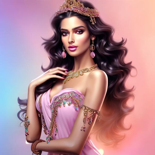 Prompt: HD 4k 3D 8k professional modeling photo hyper realistic beautiful woman ethereal greek goddess of fame
long beach wavy blush pink hair hazel eyes gorgeous face with makeup black skin shiny dress with gems ornate jewelry headband angel wings she is holding a trumpet full body surrounded by ambient glow hd landscape background pastel colored clouds 
