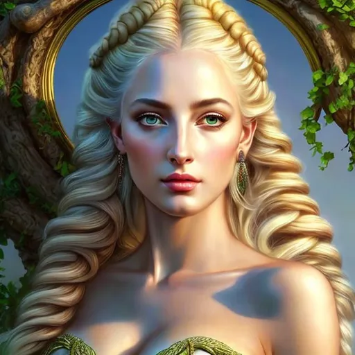 Prompt: HD 4k 3D, hyper realistic, professional modeling, ethereal Greek goddess of prosperity, blonde and green fishtail braids with goat horns, mixed skin, natural gown, gorgeous face, rustic jewelry and goat horns, full body, ambient glow, alluring earth goddess, detailed, elegant, ethereal, mythical, Greek, goddess, surreal lighting, majestic, goddesslike aura